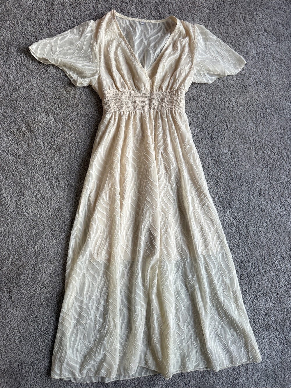 Cream V-Neck Smocked Waist Maxi Dress